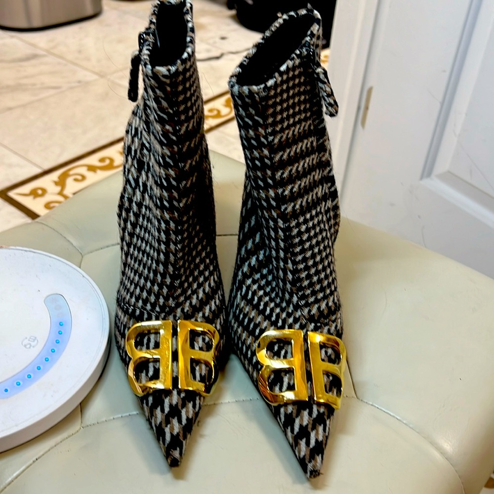 Balenciaga multi colored booties with huge BB in gold in front
